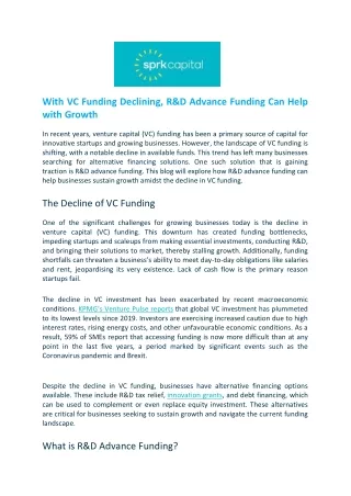 With VC Funding Declining, R&D Advance Funding Can Help with Growth - SPRK Capital