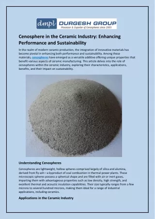 Cenosphere in the Ceramic Industry: Enhancing Performance and Sustainability