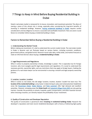 7 Things to Keep in Mind Before Buying Residential Building in Dubai