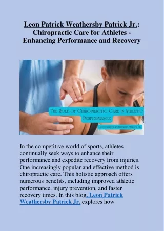 Leon Patrick Weathersby Patrick Jr. Chiropractic Care for Athletes . Enhancing Performance and Recovery