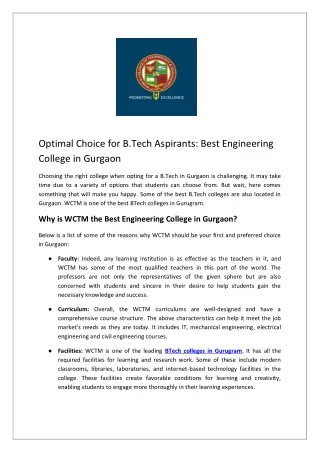 Optimal Choice for B.Tech Aspirants Best Engineering College in Gurgaon