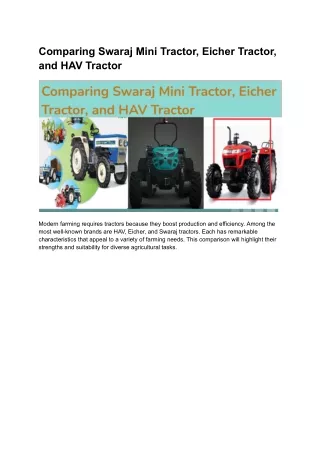 Comparing Swaraj Mini Tractor, Eicher Tractor, and HAV Tractor