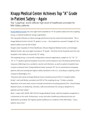 Knapp Medical Center Achieves Top _A_ Grade in Patient Safety - Again