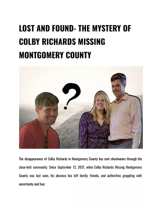 LOST AND FOUND- THE MYSTERY OF COLBY RICHARDS MISSING MONTGOMERY COUNTY