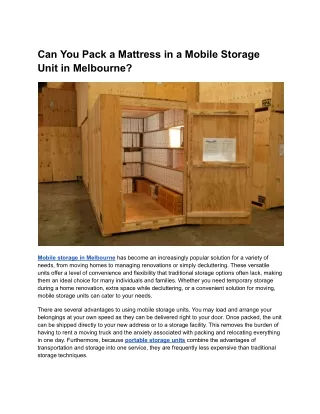 Can You Pack a Mattress in a Mobile Storage Unit in Melbourne