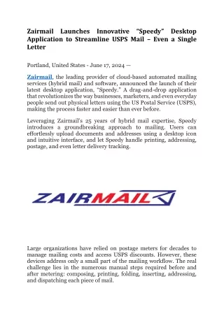 Zairmail Launches Innovative “Speedy” Desktop Application to Streamline USPS Mail – Even a Single Letter