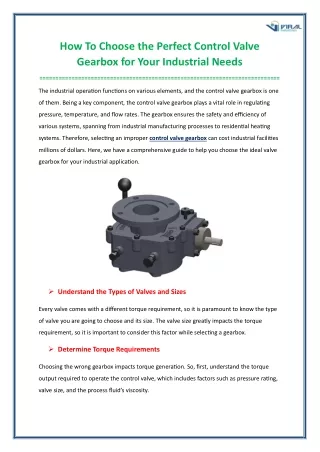 How To Choose the Perfect Control Valve Gearbox for Your Industrial Needs