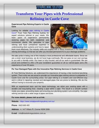 Transform Your Pipes with Professional Relining in Castle Cove