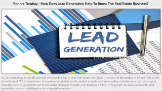 Ronnie Tarabay - How Does Lead Generation Help To Boost The Real Estate Business