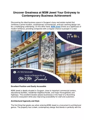 Uncover Greatness at M3M Jewel Your Entryway to Contemporary Business Achievement