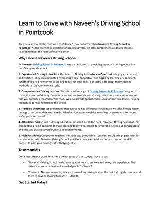 Learn to Drive with Naveen's Driving School in Pointcook