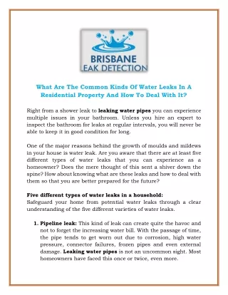 What Are The Common Kinds Of Water Leaks In A Residential Property And How To Deal With It