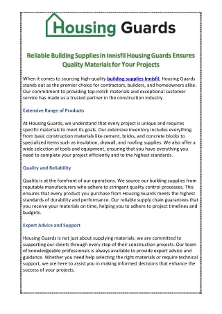Reliable Building Supplies in Innisfil Housing Guards Ensures Quality Materials