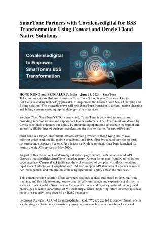 SmarTone Partners with Covalensedigital for BSS Transformation Using Csmart and Oracle Cloud Native Solutions