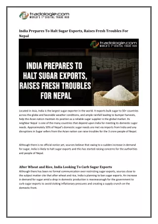 India Prepares To Halt Sugar Exports, Raises Fresh Troubles For Nepal