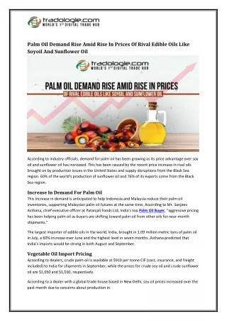 Palm Oil Demand Rise Amid Rise In Prices Of Rival Edible Oils Like Soyoil And Sunflower Oil