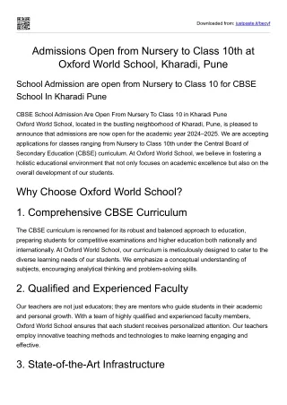 Oxford World School Kharadi, Pune: Admissions Open for Nursery to Class 10