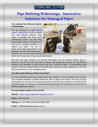 Pipe Relining Wahroonga - Innovative Solutions for Damaged Pipes