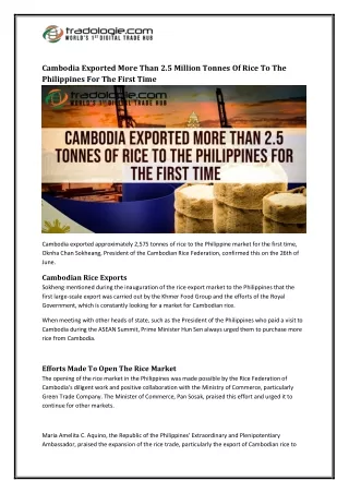 Cambodia Exported More Than 2.5 Million Tonnes Of Rice To The Philippines