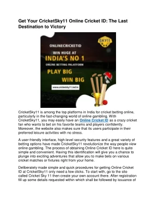 Get Your CricketSky11 Online Cricket ID Last Destination to Victory