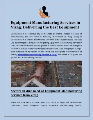 Equipment Manufacturing Services in Vizag: Delivering the Best Equipment