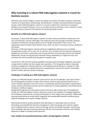 Why investing in a robust PAN India logistics network is crucial for business success