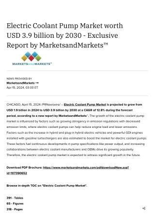 Electric Coolant Pump Market worth USD 3.9 billion by 2030 - Exclusive Report by MarketsandMarkets™