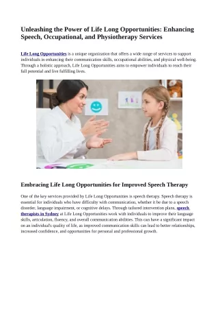 Unleashing the Power of Life Long Opportunities: Enhancing Speech, Occupational, and Physiotherapy Services