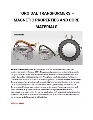 TOROIDAL TRANSFORMERS – MAGNETIC PROPERTIES AND CORE MATERIALS