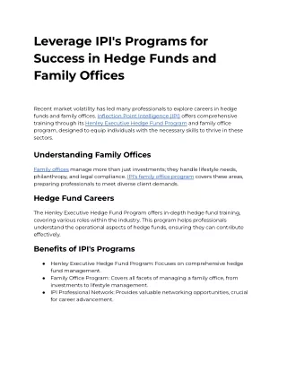 Leverage IPI's Programs for Success in Hedge Funds and Family Offices