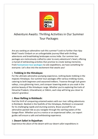 Adventure Awaits Thrilling Activities in Our Summer Tour Packages