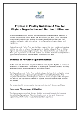 Phytase in Poultry Nutrition Tool for Phytate Degradation & Nutrient Utilization