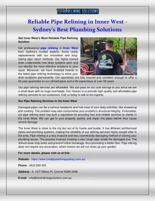 Reliable Pipe Relining in Inner West - Sydney’s Best Plumbing Solutions