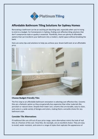 Affordable Bathroom Tiling Solutions for Sydney Homes