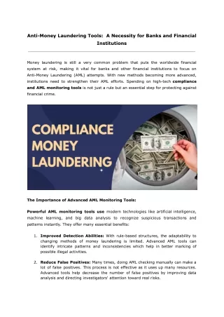 Anti-Money Laundering Tools: A Necessity for Banks and Financial Institutions