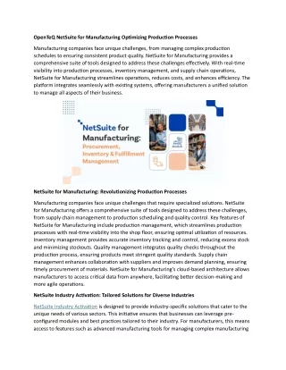 OpenTeQ NetSuite for Manufacturing Optimizing Production Processes