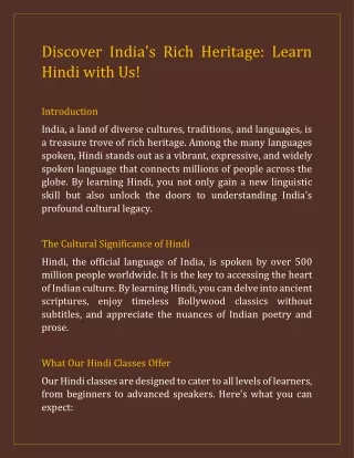 Discover India's Rich Heritage: Learn Hindi with Us!