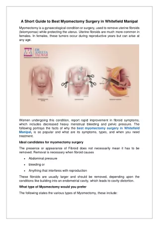 A Short Guide to Best Myomectomy Surgery in Whitefield Manipal