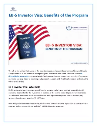 EB5 Investor Visa - Benefits of the Program