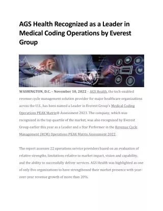 AGS Health Recognized as a Leader in Medical Coding Operations by Everest Group