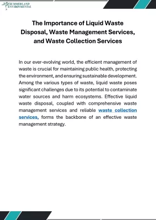 The Importance of Liquid Waste Disposal, Waste Management Services, and Waste Collection Services