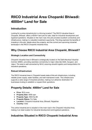 RIICO Industrial Area Chopanki Bhiwadi_ 4000m² Land for Sale