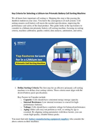 Key Criteria for Selecting a Lithium-Ion Prismatic Battery Cell Sorting Machine