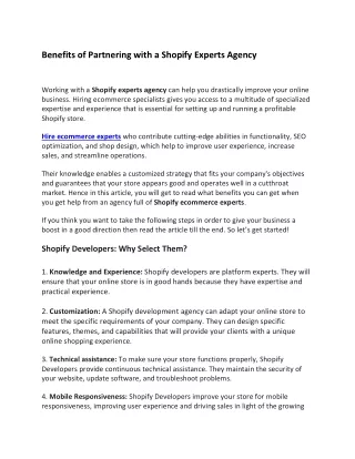 Benefits of Partnering with a Shopify Experts Agency