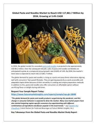 Uncooked Pasta and Noodles Market Thrives, Predicted to Hit USD 117.9 Million by