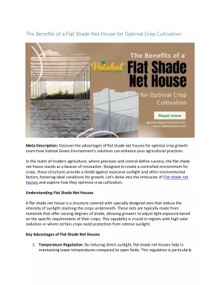 The Benefits of a Flat Shade Net House for Optimal Crop Cultivation