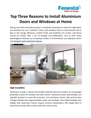 Top Three Reasons to Install Aluminium Doors and Windows at Home