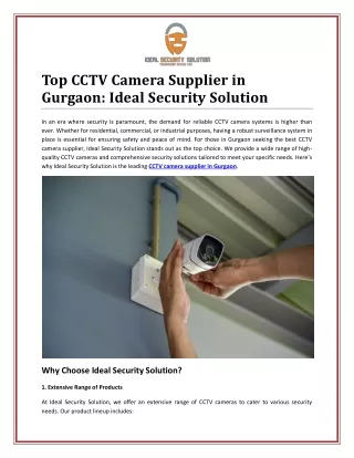 Reliable CCTV Camera Supplier in Gurgaon: Ensuring Your Security