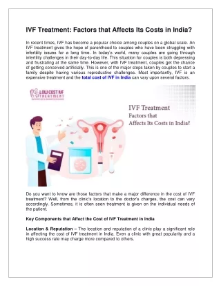 IVF Treatment Factors that Affects Its Costs in India