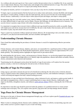 Preventing Chronic Illnesses: The Yoga Approach